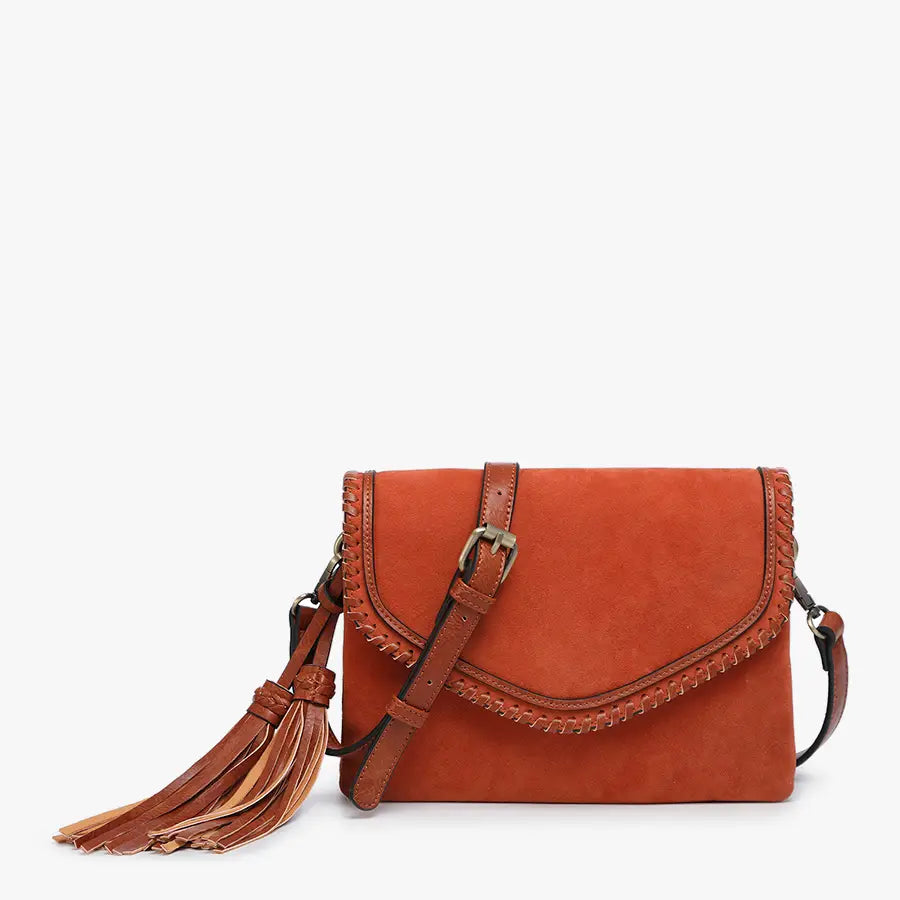 Sloane Suede Flapover Whipstitch Crossbody - Color Sienna